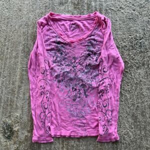VINTAGE Y2K GRUNGE MUDD PINK LONG SLEEVE T-SHIRT GRAPHIC TRIBAL AOP WOMENS LARGE